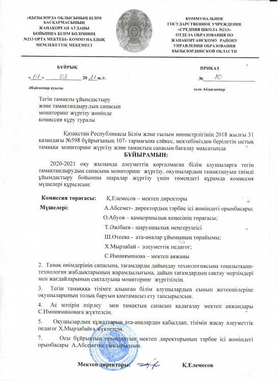 Тегін  тамақты ұйымдастырудағы комиссия құрамы